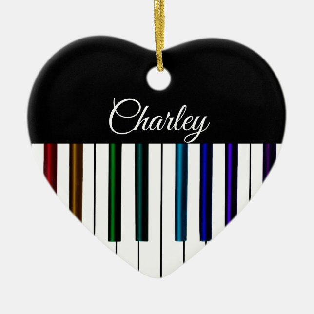 Colorful Piano Keyboard Music Holiday Heart Ceramic Ornament (Front)