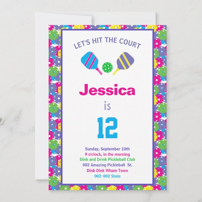 Colorful Pickleball B'day party + RSVP Invitation (Front)