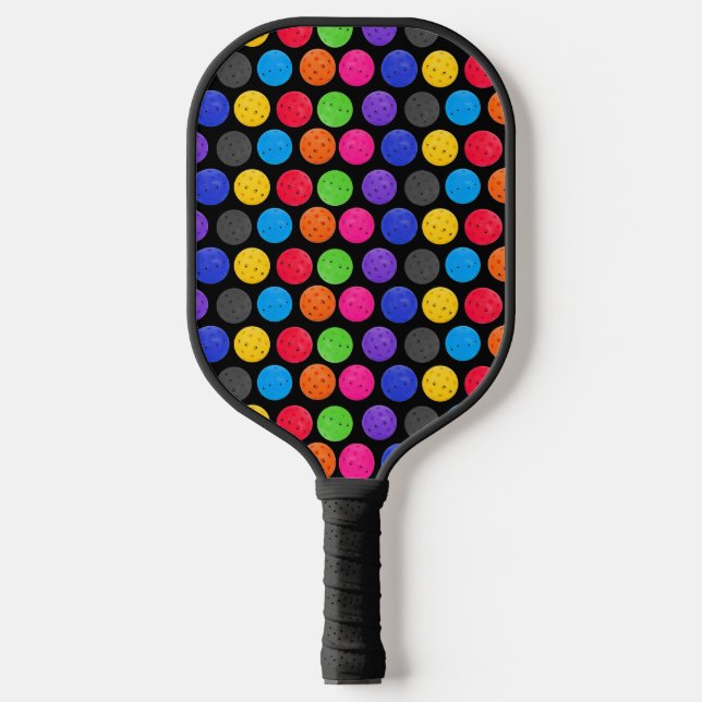 Colorful Pickleball on Black  Paddle (Front)