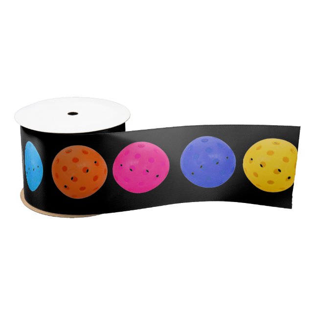 Colorful Pickleball on Black Satin Ribbon (Spool)
