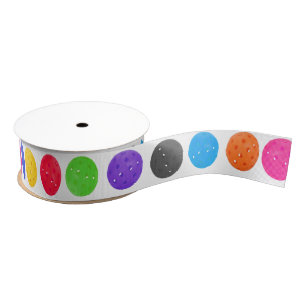 Colorful Pickleball On White Grosgrain Ribbon