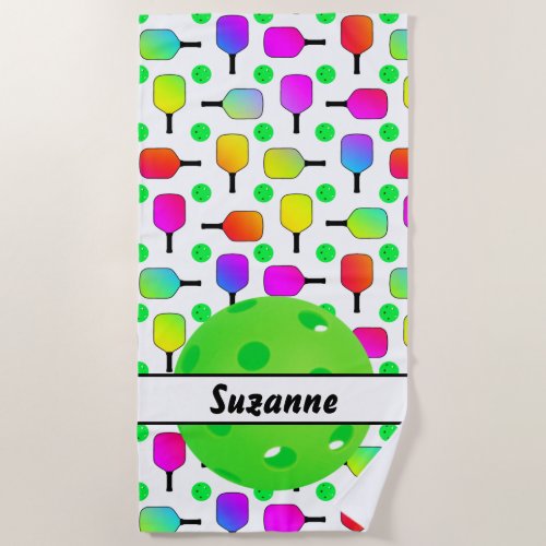 Colorful Pickleball Paddles Green Personalized Beach Towel