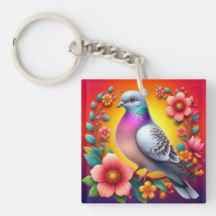 🕊️ Colorful Pigeon Floral Nature Design Keychain