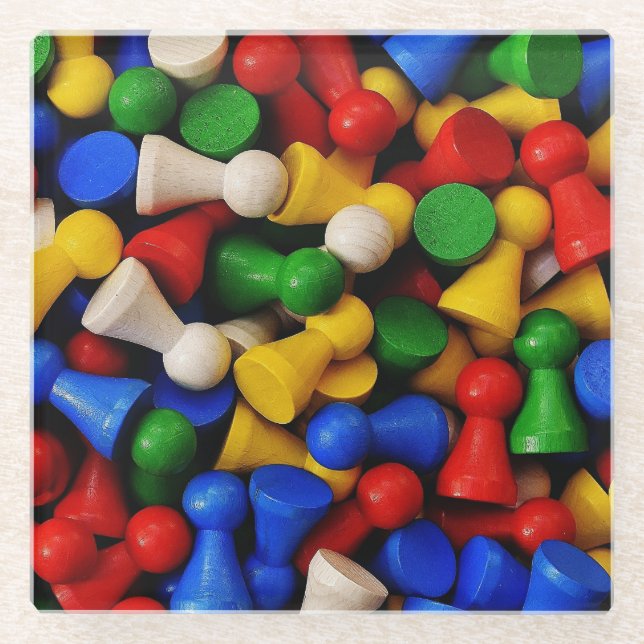 Colorful Pile of Wooden Game Pieces Glass Coaster (Front)
