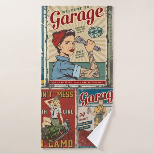 Colorful pin up posters collection with garage rep bath towel