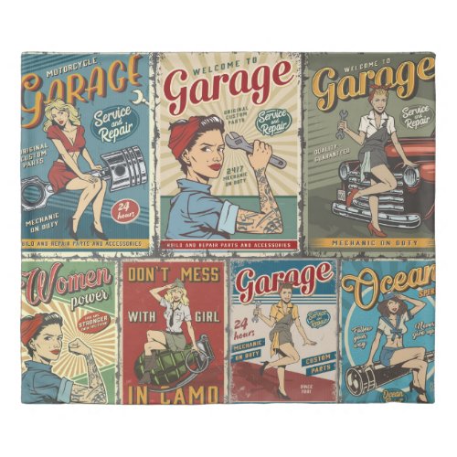 Colorful pin up posters collection with garage rep duvet cover