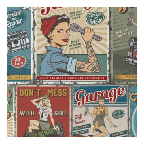 Colorful pin up posters collection with garage rep faux canvas print