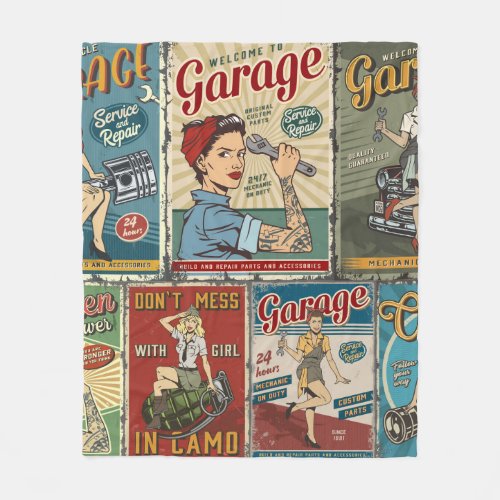 Colorful pin up posters collection with garage rep fleece blanket