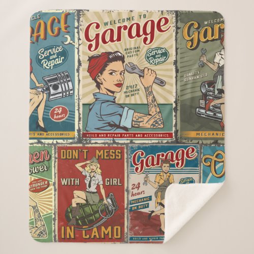 Colorful pin up posters collection with garage rep sherpa blanket