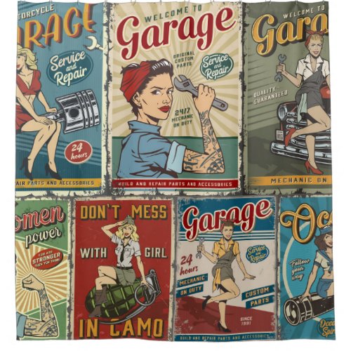 Colorful pin up posters collection with garage rep shower curtain