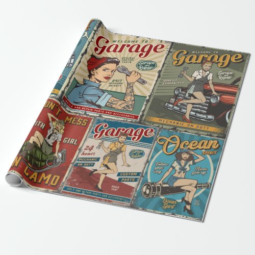 Colorful pin up posters collection with garage rep wrapping paper
