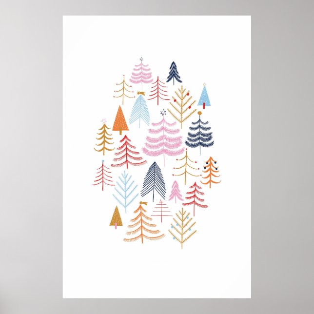 Colorful Pine Tree Christmas Drawing Poster (Front)