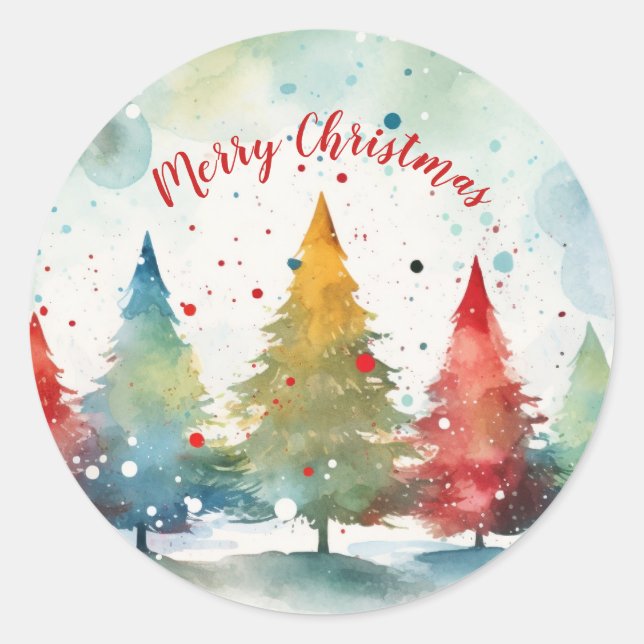 Colorful Pine Trees Christmas Classic Round Sticker (Front)