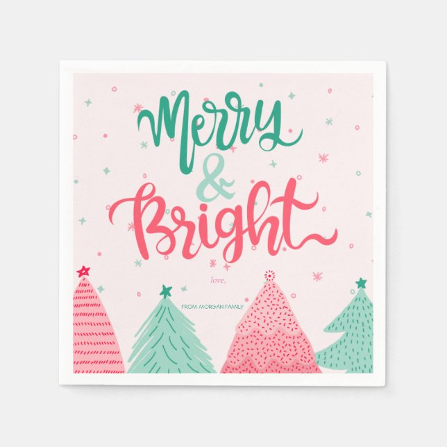 Colorful Pine Trees Merry & Bright Pink Napkins (Front)