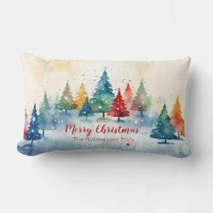 Colorful Pine Trees Merry Christmas Lumbar Pillow