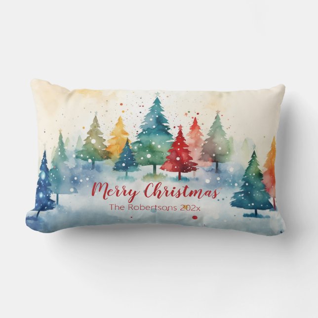 Colorful Pine Trees Merry Christmas Lumbar Pillow (Front)