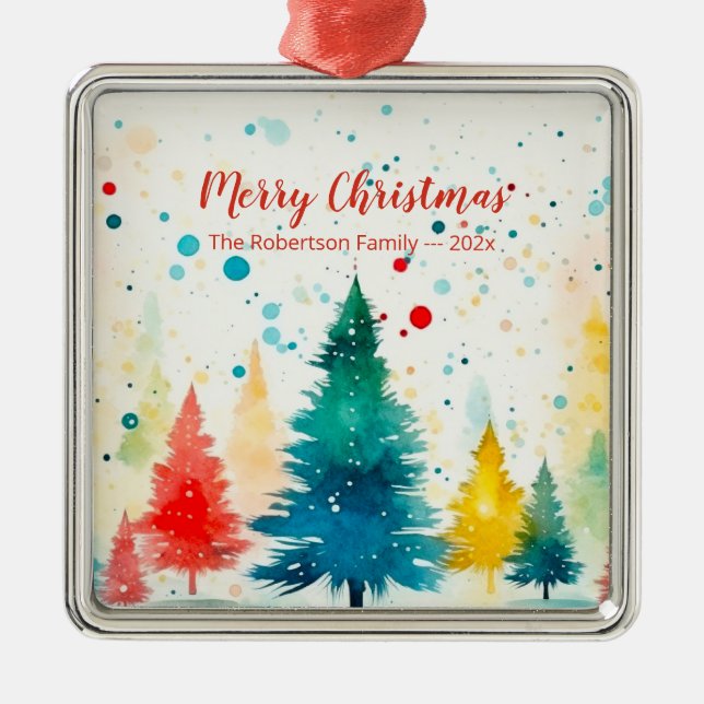  Colorful Pine Trees Merry Christmas Metal Ornament (Front)