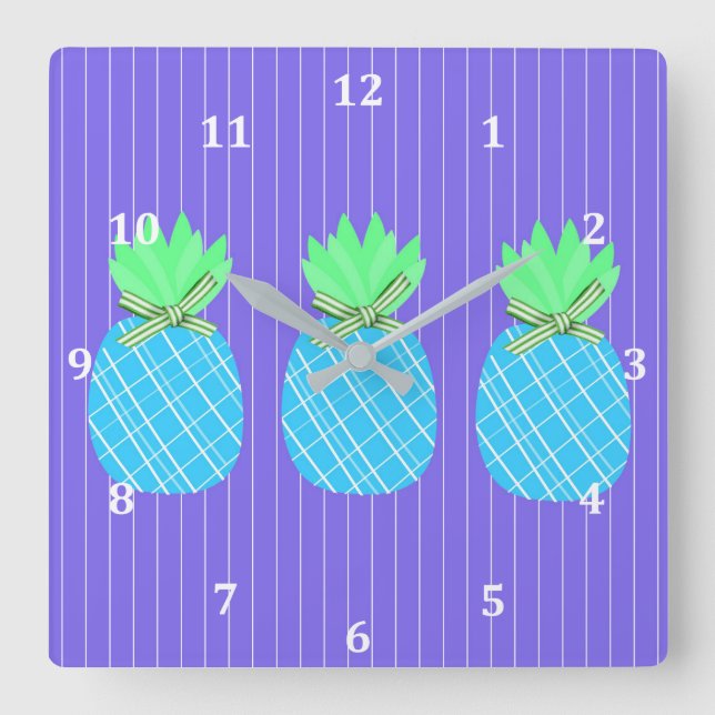 Colorful Pineapple Clock on Blue Stripes (Front)