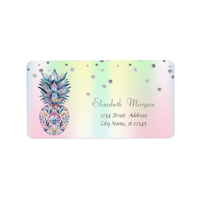 Colorful Pineapple Confetti Holographic Iridescent Label (Front)