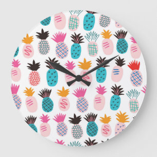 Colorful pineapple leaves, tropical doodle. large clock