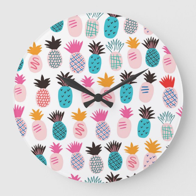 Colorful pineapple leaves, tropical doodle. large clock (Front)