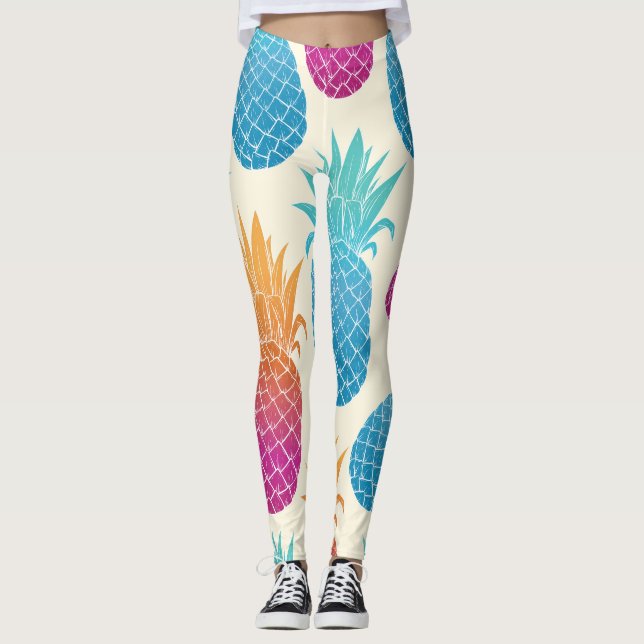 Colorful Pineapple Light Yellow Background Leggings (Front)