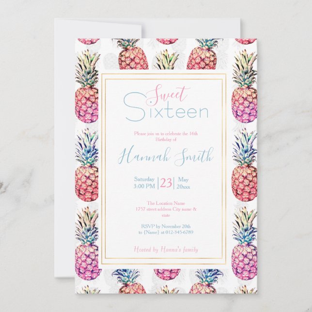 Colorful Pineapples & Foliage Paint White Pattern Invitation (Front)
