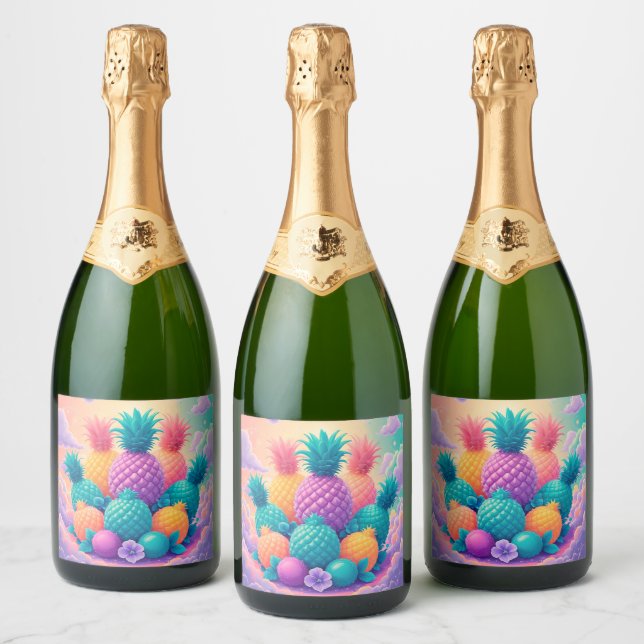 Colorful pineapples sparkling wine label (Bottles)