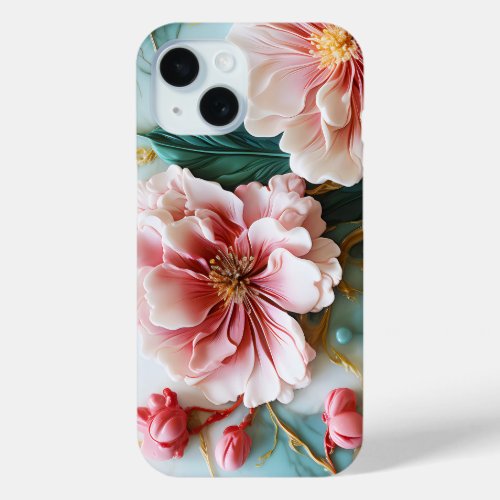 Colorful ping green flowers on marble iPhone 15 case