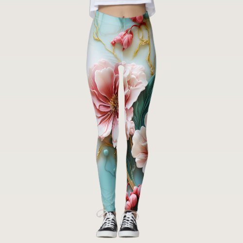 Colorful ping green flowers on marble leggings