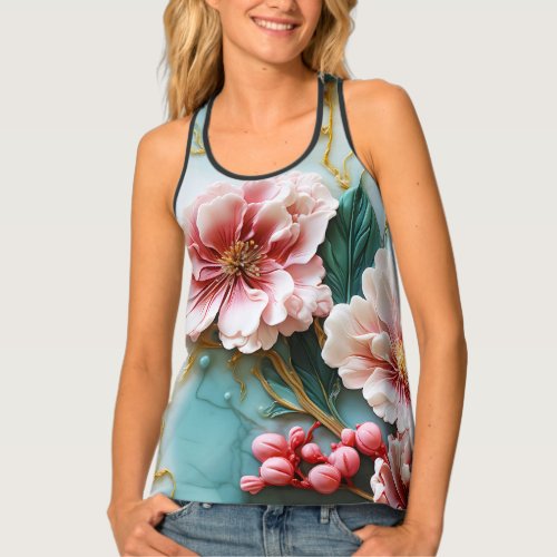 Colorful ping green flowers on marble tank top
