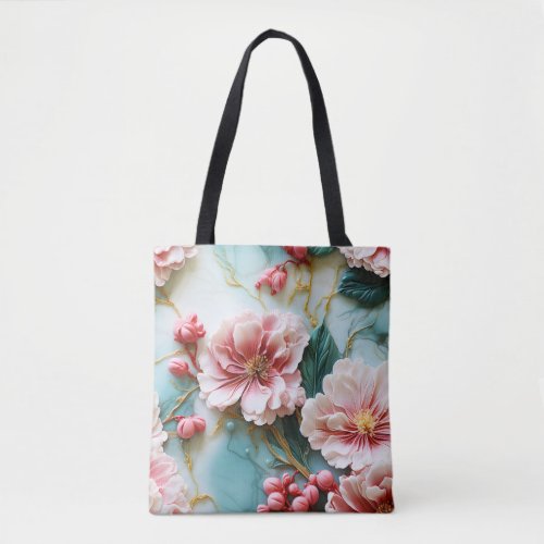 Colorful ping green flowers on marble tote bag