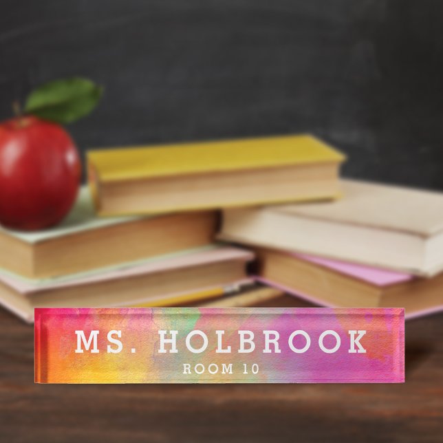Colorful Pink Abstract Watercolor Teacher's Desk Name Plate (Creator Uploaded)