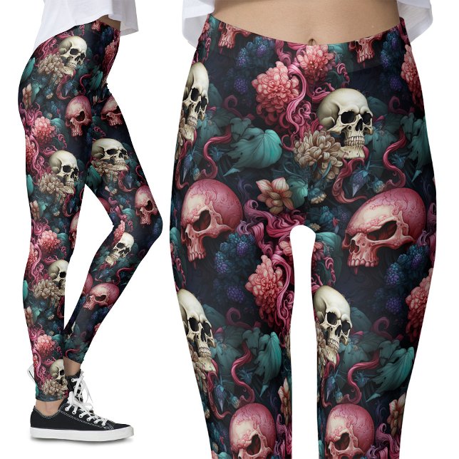 Colorful Pink Alien Skulls Floral Gothic Leggings (Creator Uploaded)