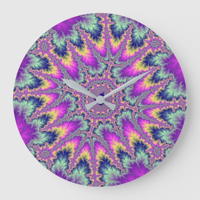 Colorful Pink and Mint Green Rainbow Fractal Large Clock (Front)