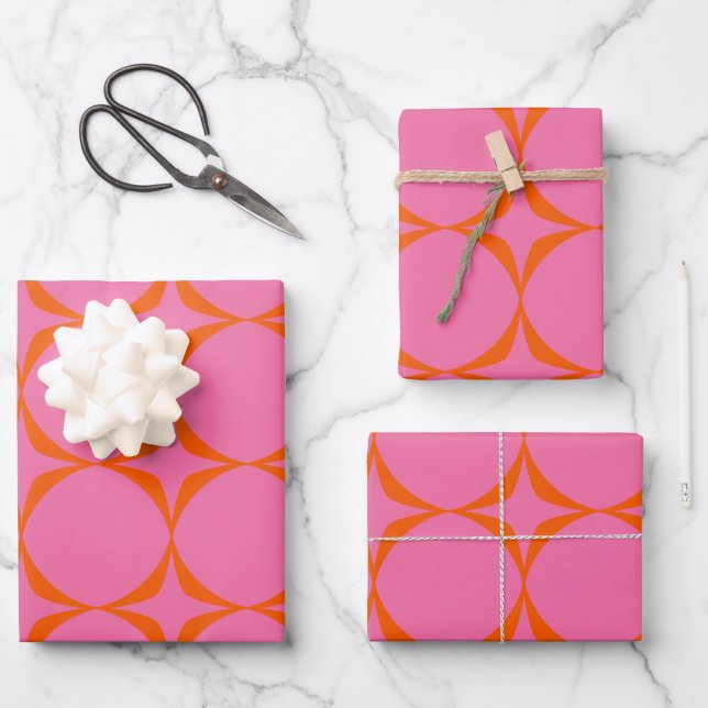 Colorful Pink and Orange Retro Mid Mod Pattern Wrapping Paper Sheets (Front)