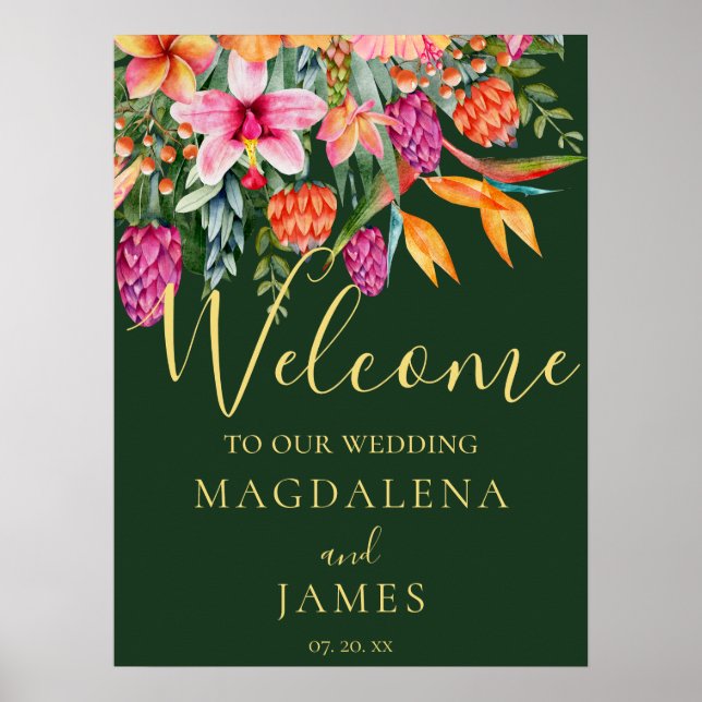Colorful Pink and Orange Tropical Flowers Welcome  Poster (Front)