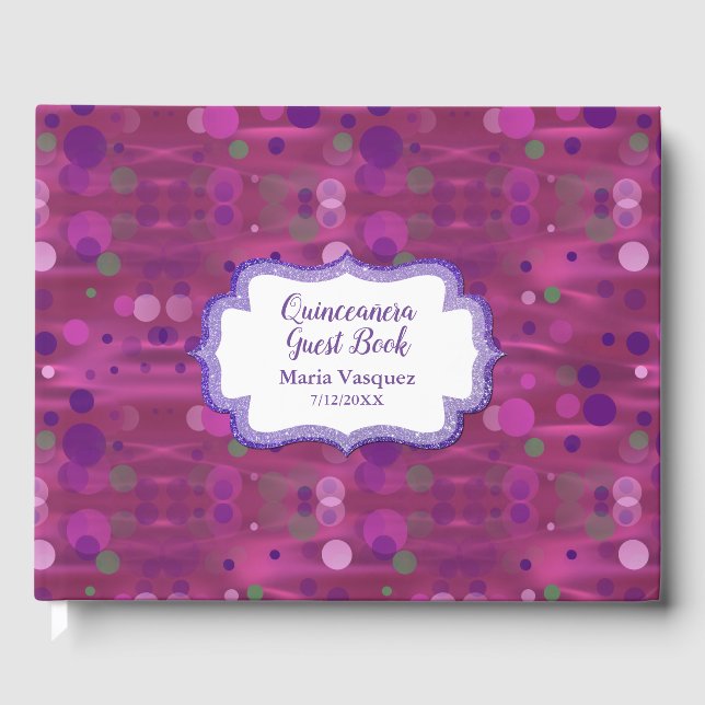 Colorful Pink and Purple Confetti Quinceañera Guest Book (Front)