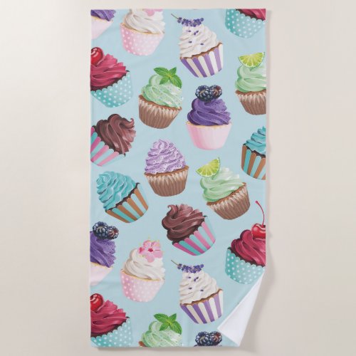 Colorful Pink and Teal Cupcakes Summer Pool Beach  Beach Towel