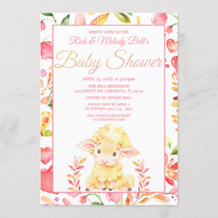 Colorful Pink Baby Sheep / Lamb Girl's Baby Shower Invitation
