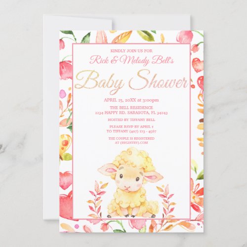 Colorful Pink Baby Sheep  Lamb Girls Baby Shower Invitation