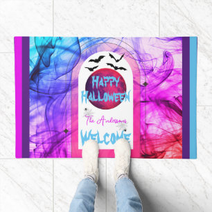 Colorful Pink Bat Spider Full Moon Happy Halloween Doormat