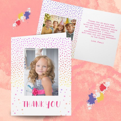 Colorful Pink Birthday Kids Girl 2 Photo Thank you Card