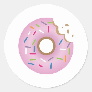 Colorful Pink Bitten Sprinkles Donut Classic Round Sticker by nyxxie at Zazzle