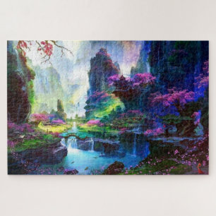 Colorful Pink Blossoms Asian Landscape Jigsaw Puzzle