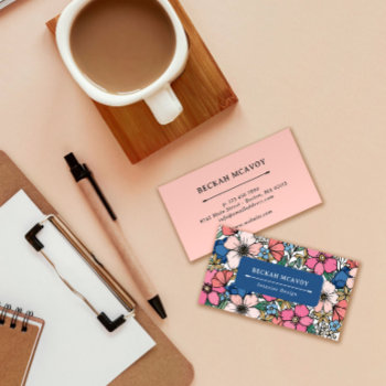 Colorful Pink Blue Coral Floral Pattern Business Card by birchandoak at Zazzle