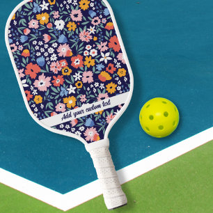 Colorful Pink Blue Garden Flowers Custom Text Name Pickleball Paddle