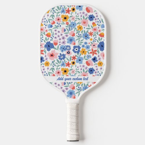 Colorful Pink Blue Garden Flowers Custom Text Name Pickleball Paddle