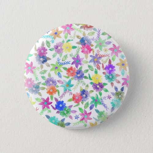 Colorful pink blue green watercolor flowers button