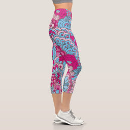 Colorful Pink Blue Modern Abstract Floral Pattern Capri Leggings